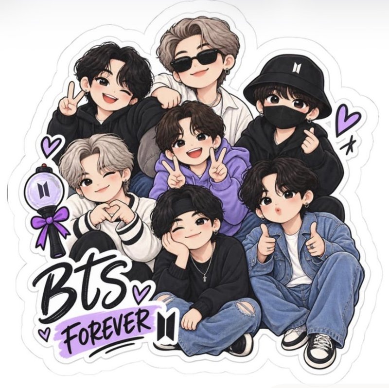 Illustrated BTS-inspired sticker with seven chibi-style members, purple hearts, and the words BTS Forever