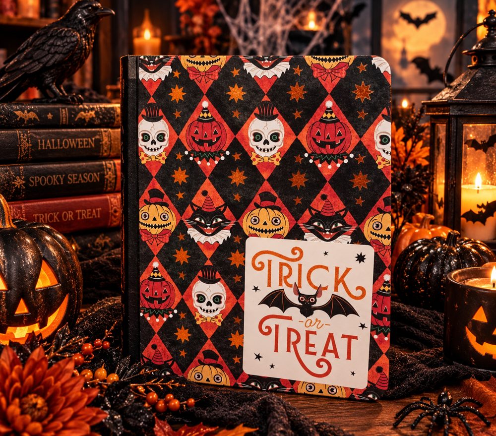 Halloween altered composition notebook covered in a black and orange harlequin pattern of grinning pumpkins, skulls, and black cats, with a Trick or Treat bat label